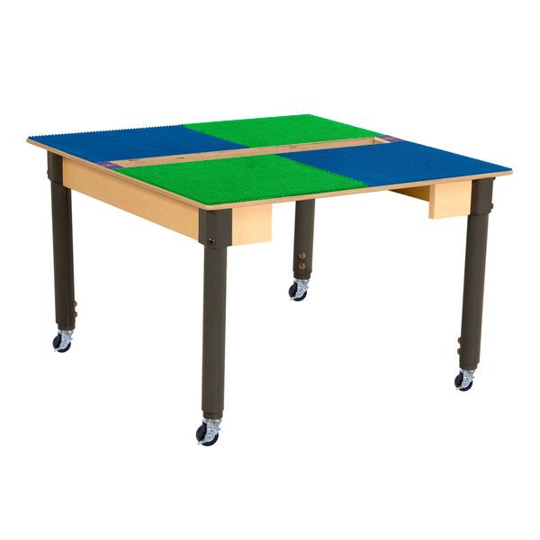 TPSQTA18C6-SBG Square Play Table with Trough & Adjustable 18-29 in. Legs & Lego Compatible Grid - Locking Casters, Blue & Green