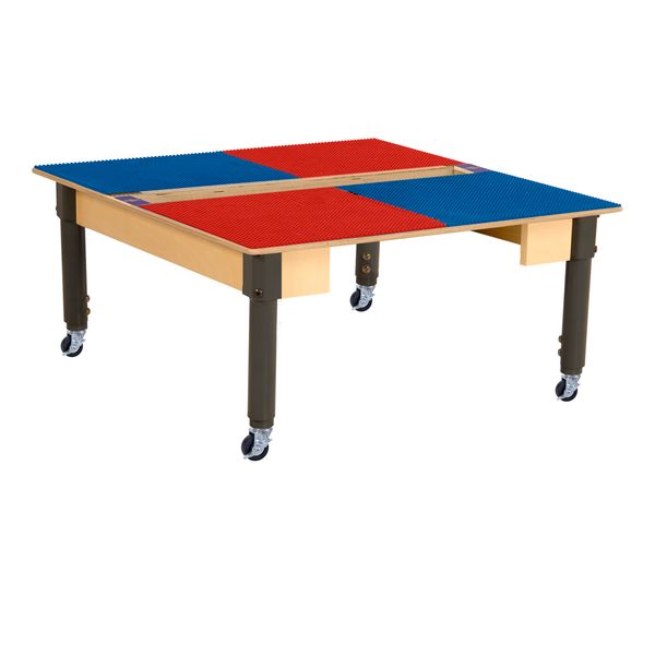 TPSQTA12C6-SRB Square Play Table with Trough & Adjustable 12-17 in. Legs & Lego Compatible Grid - Locking Casters, Red & Blue