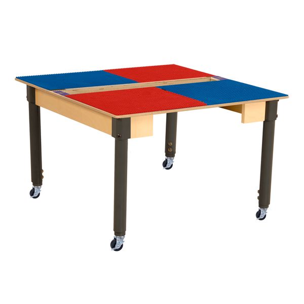 TPSQTA18C6-SRB Square Play Table with Trough & Adjustable 18-29 in. Legs & Lego Compatible Grid - Locking Casters, Red & Blue