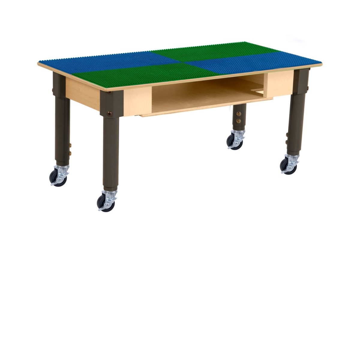 TPRESA12C6-SBG Rectangle Play Table with Shelf & Adjustable 12-18 in. Legs & Lego Compatible Grid - Locking Casters, Blue & Green