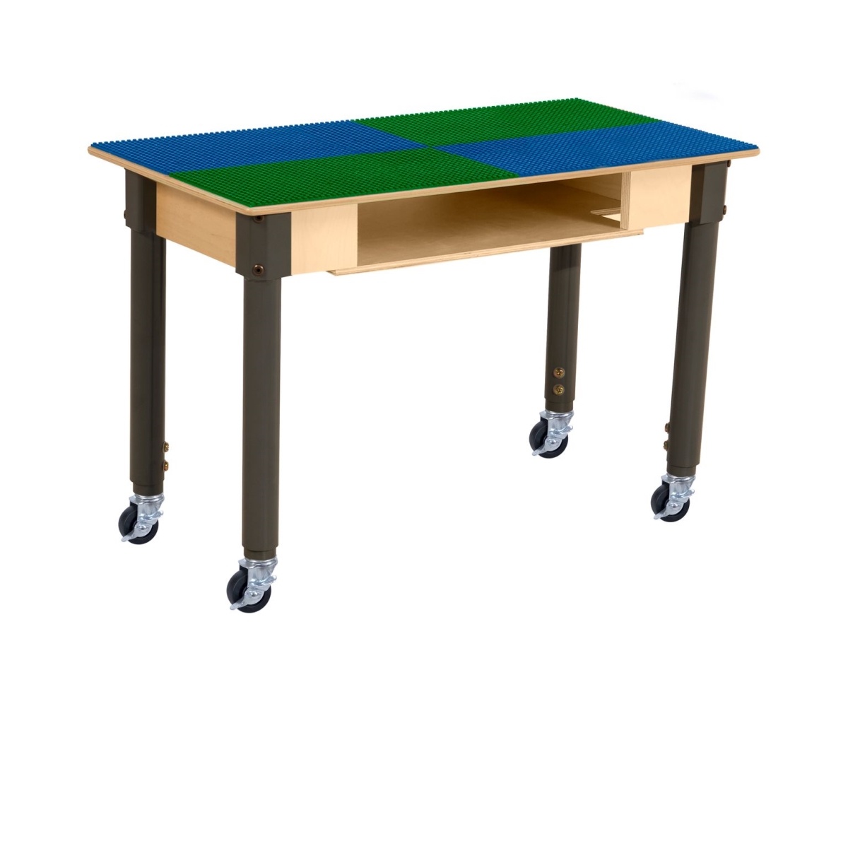 TPRESA18C6-SBG Rectangle Play Table with Shelf & Adjustable 18-29 in. Legs & Lego Compatible Grid - Locking Casters, Blue & Green
