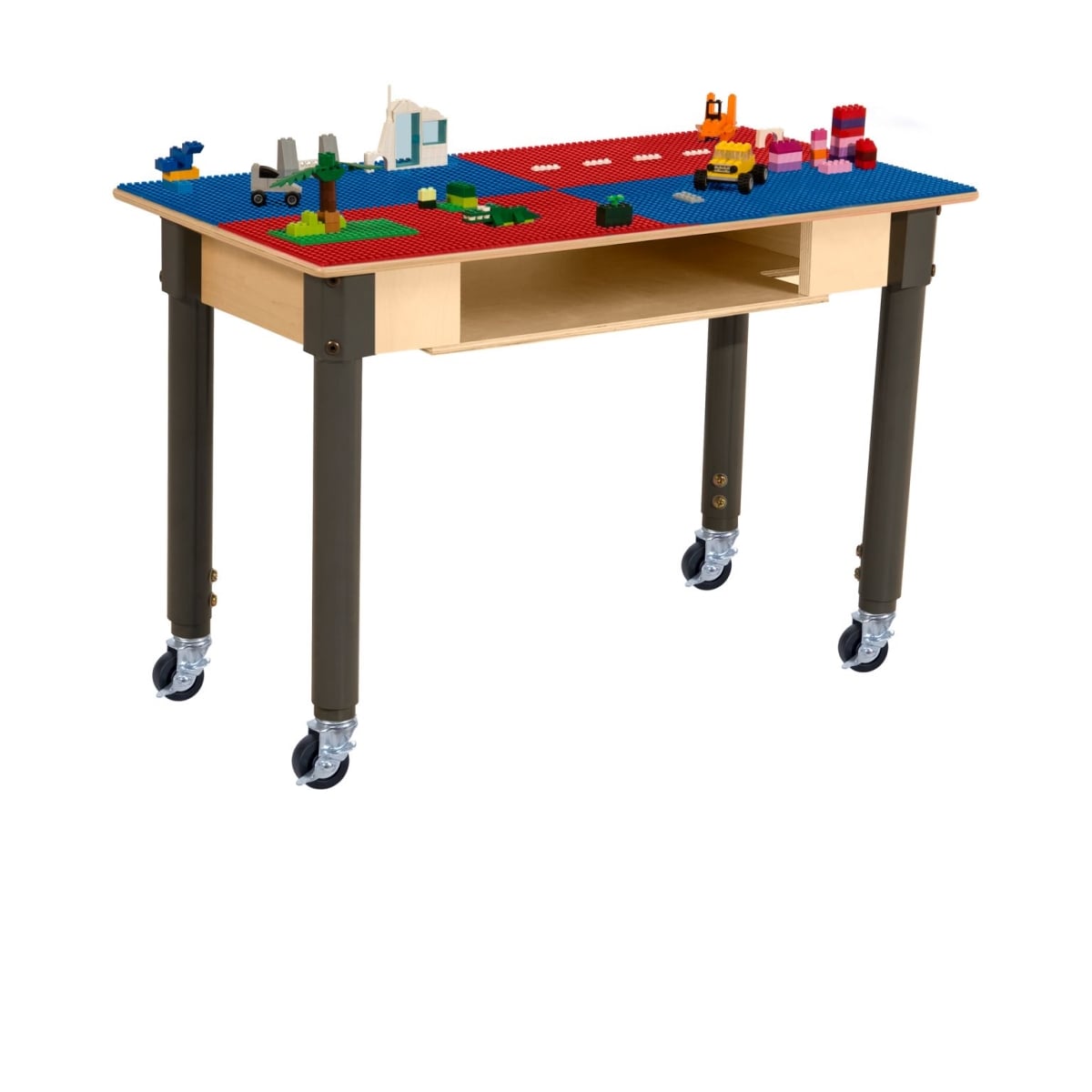 TPRESA18C6-SRB Rectangle Play Table with Shelf & Adjustable 18-29 in. Legs & Lego Compatible Grid - Locking Casters, Red & Blue