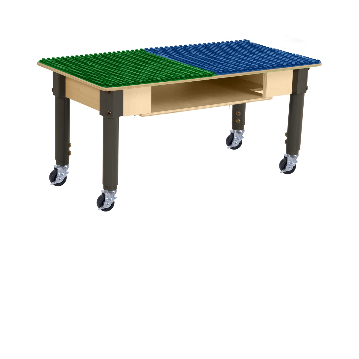 Rectangle Time-2-Play Table with a shelf, along with adjustable 18-29 legs with locking casters and a DUPLO Compatible Grid of BLUE/GREEN Color