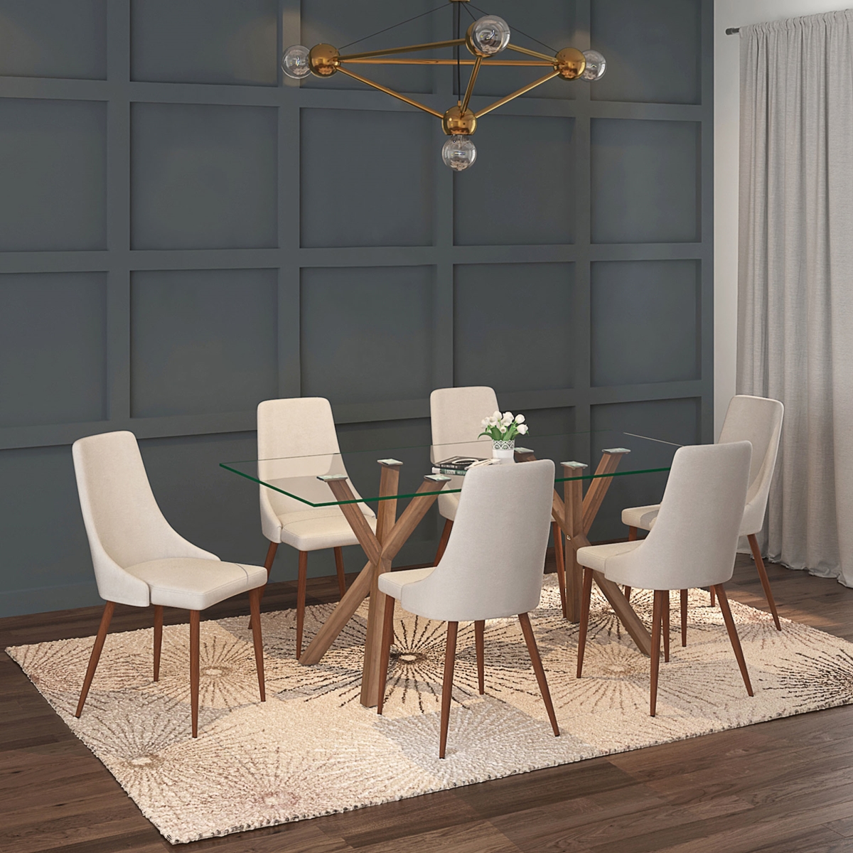 207-535WL-182BG Stark & Cora Dining Set in Walnut with Beige Chair - 7 Piece