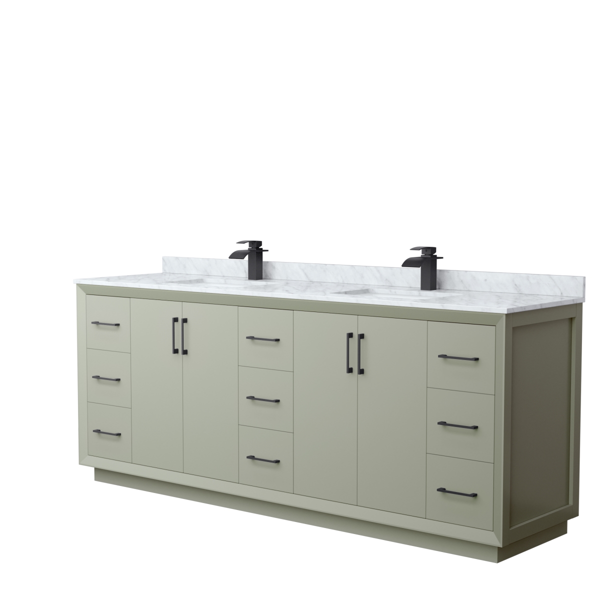 84 in. Strada Double Bathroom Vanity, Light Green, White Carrara Marble Countertop, Undermount Square Sinks & Matte Black Trim -  Convenience Concepts, HI3259739