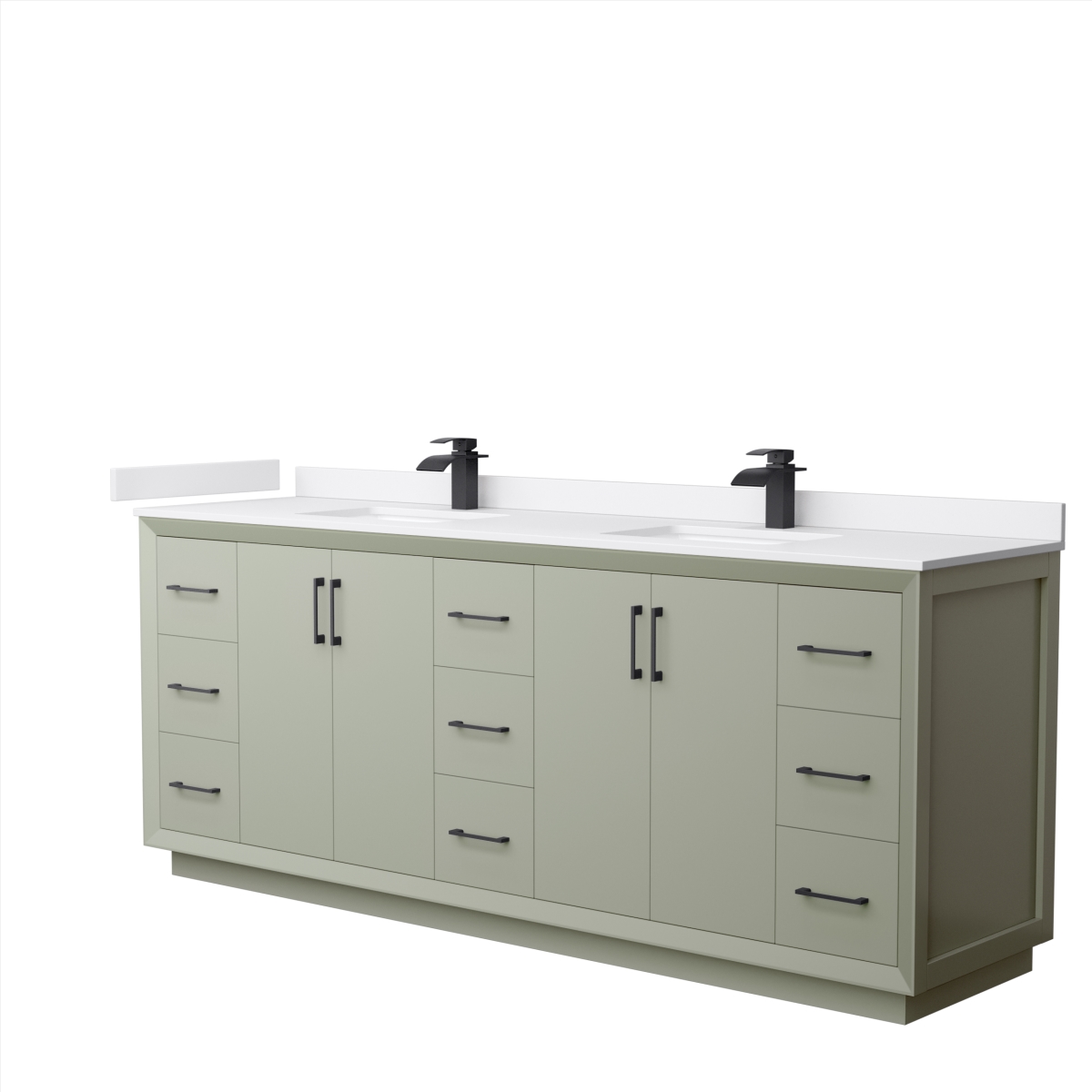 84 in. Strada Double Bathroom Vanity, Light Green, White Cultured Marble Countertop, Undermount Square Sinks & Matte Black Trim -  Convenience Concepts, HI3265628
