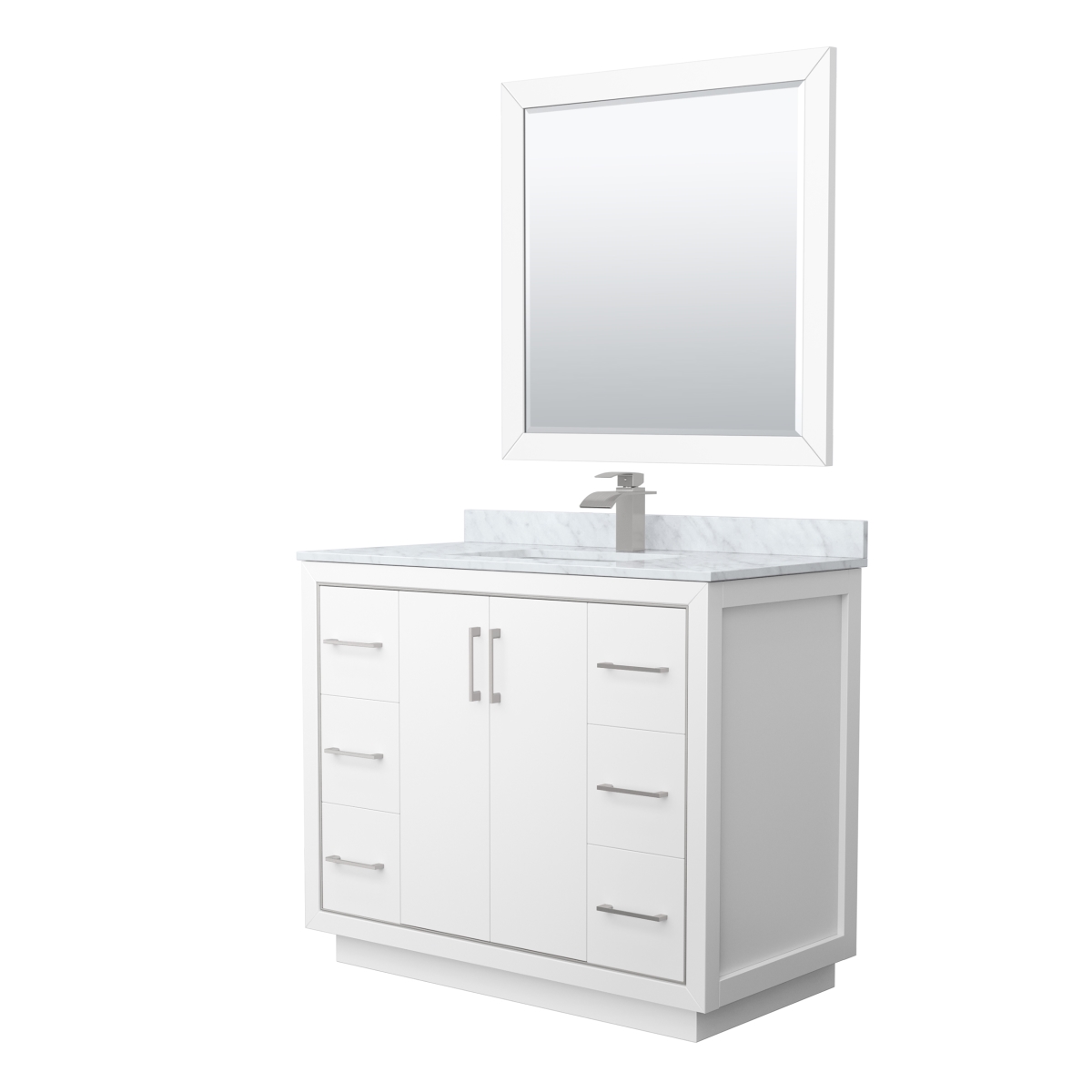 42 in. Icon Single Bathroom Vanity, White, White Carrara Marble Countertop, Undermount Square Sink & Brushed Nickel Trim - 34 in. Mirror -  Wyndham Collection, WCF111142SWHCMUNSM34