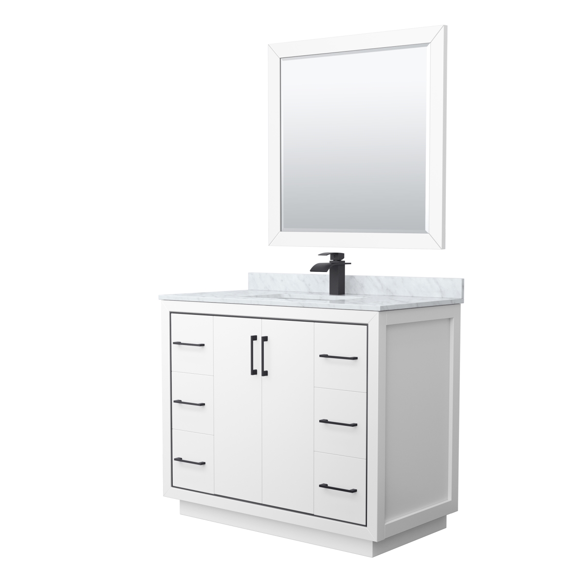 42 in. Icon Single Bathroom Vanity, White, White Carrara Marble Countertop, Undermount Square Sink & Matte Black Trim - 34 in. Mirror -  Wyndham Collection, WCF111142SWBCMUNSM34