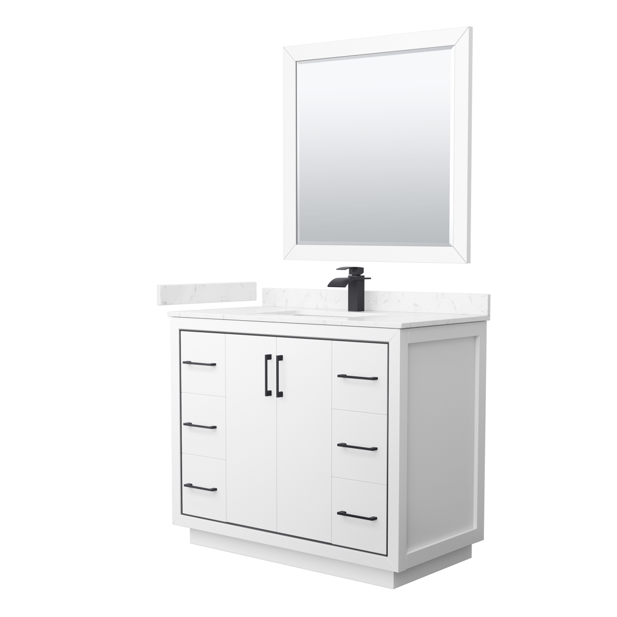 42 in. Icon Single Bathroom Vanity, White, Carrara Cultured Marble Countertop, Undermount Square Sink & Matte Black Trim - 34 in. Mirror -  Wyndham Collection, WCF111142SWBC2UNSM34