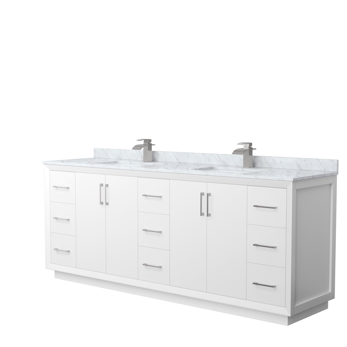 84 in. Strada Double Bathroom Vanity, White, White Carrara Marble Countertop, Undermount Square Sink & Brushed Nickel Trim -  Wyndham Collection, WCF414184DWHCMUNSMXX