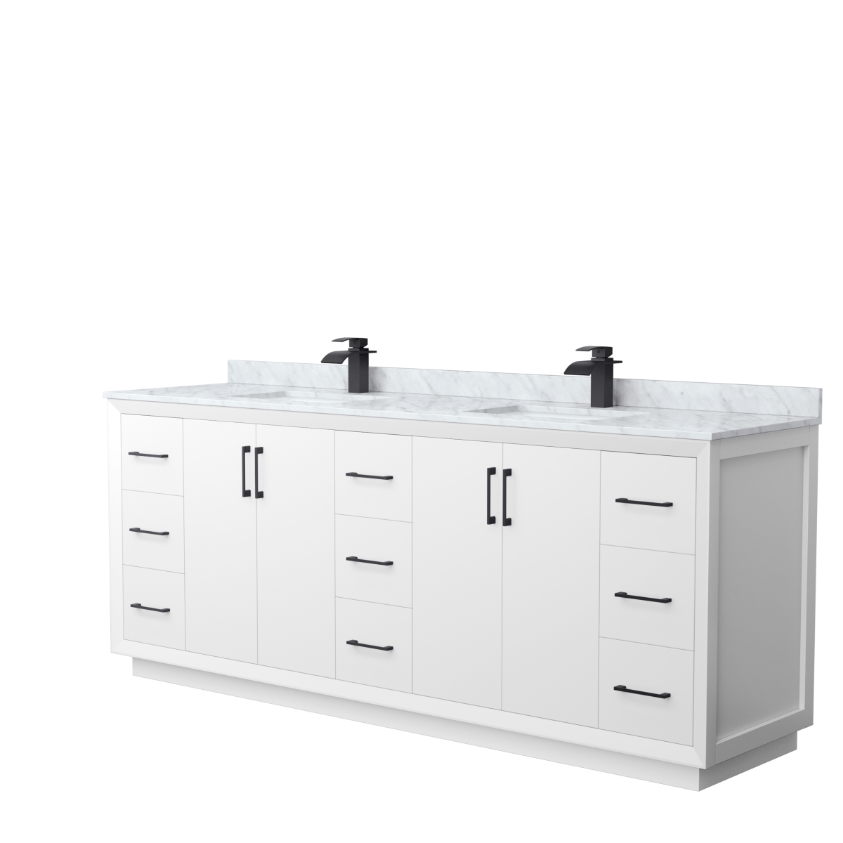 84 in. Strada Double Bathroom Vanity, White, White Carrara Marble Countertop, Undermount Square Sink & Matte Black Trim -  Wyndham Collection, WCF414184DWBCMUNSMXX