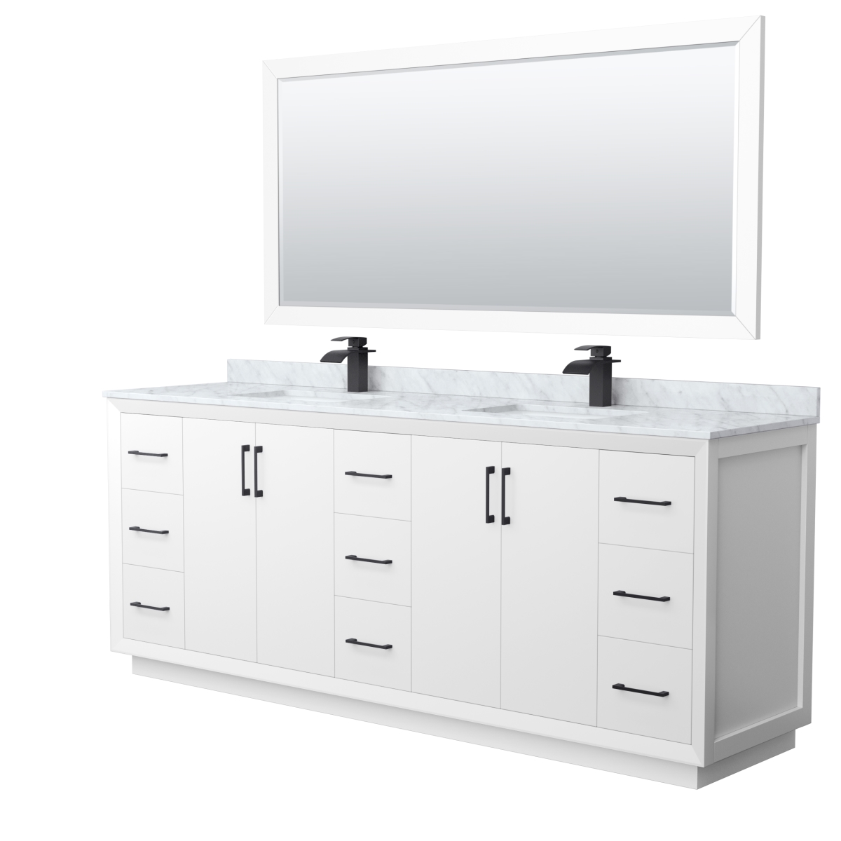 84 in. Strada Double Bathroom Vanity, White, White Carrara Marble Countertop, Undermount Square Sink & Matte Black Trim - 70 in. Mirror -  Wyndham Collection, WCF414184DWBCMUNSM70