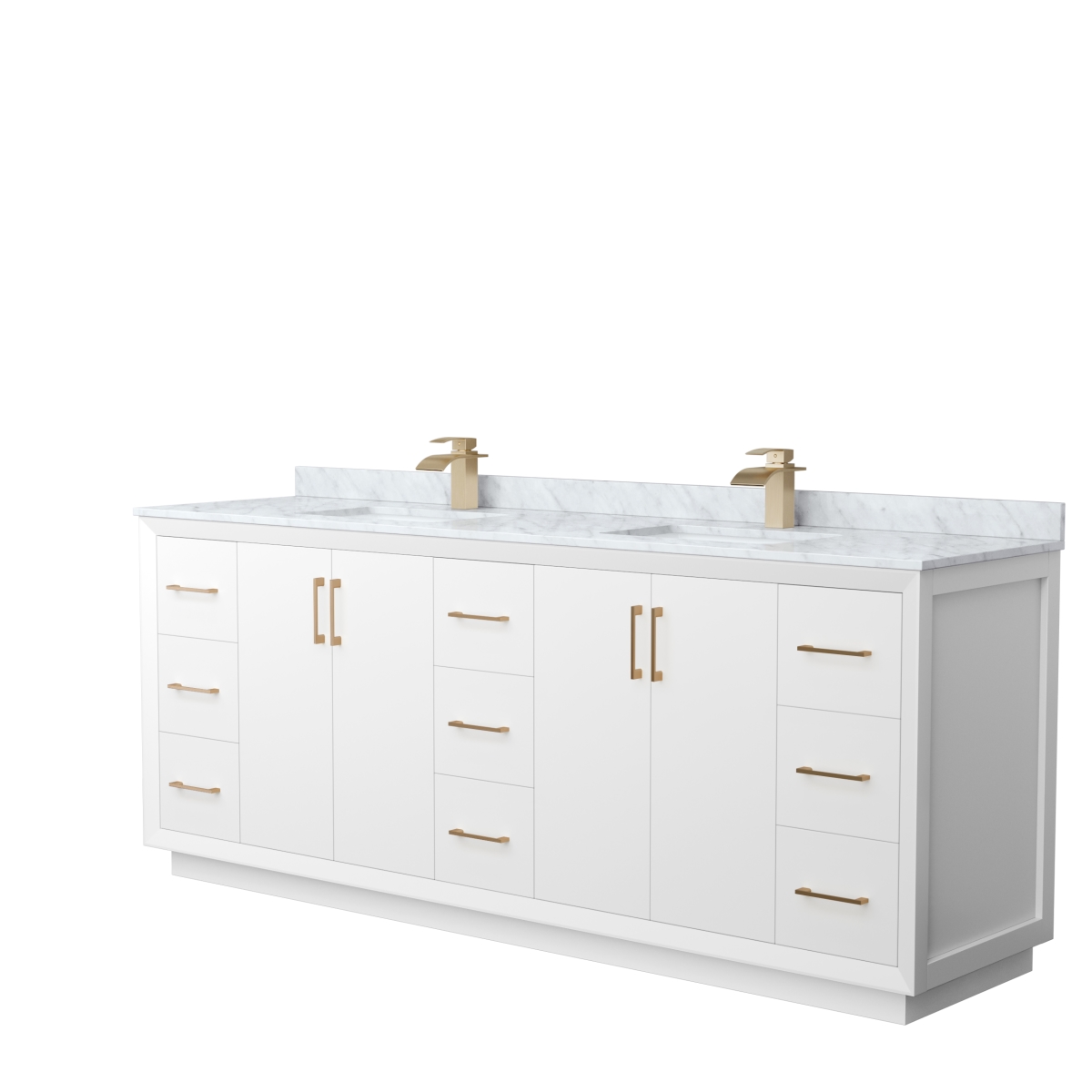 84 in. Strada Double Bathroom Vanity, White, White Carrara Marble Countertop, Undermount Square Sink & Satin Bronze Trim -  Wyndham Collection, WCF414184DWZCMUNSMXX