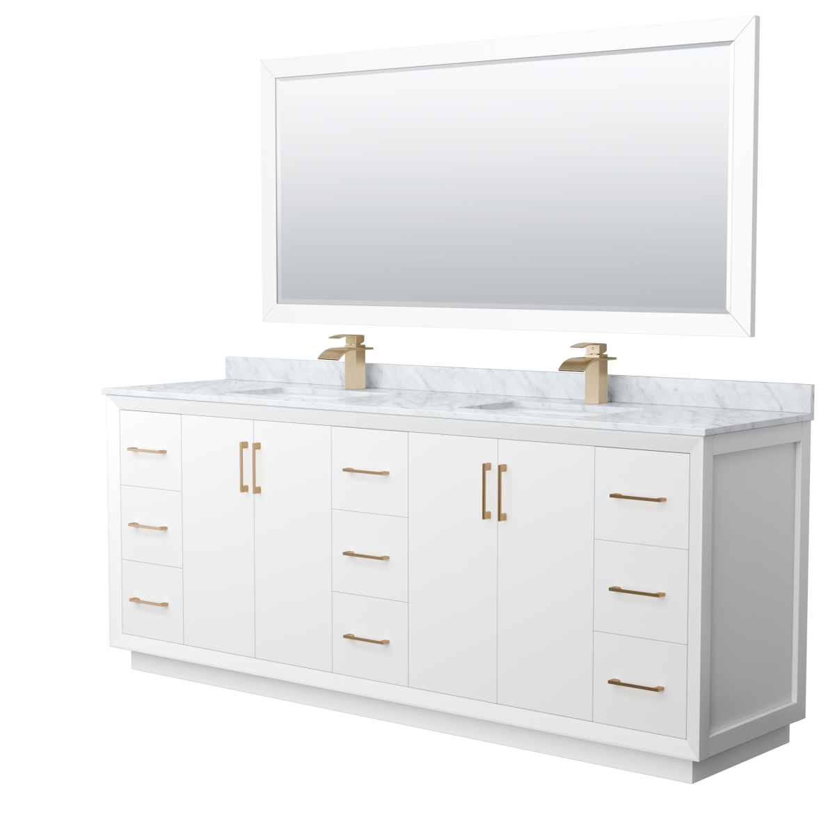 84 in. Strada Double Bathroom Vanity, White, White Carrara Marble Countertop, Undermount Square Sink & Satin Bronze Trim - 70 in. Mirror -  Wyndham Collection, WCF414184DWZCMUNSM70