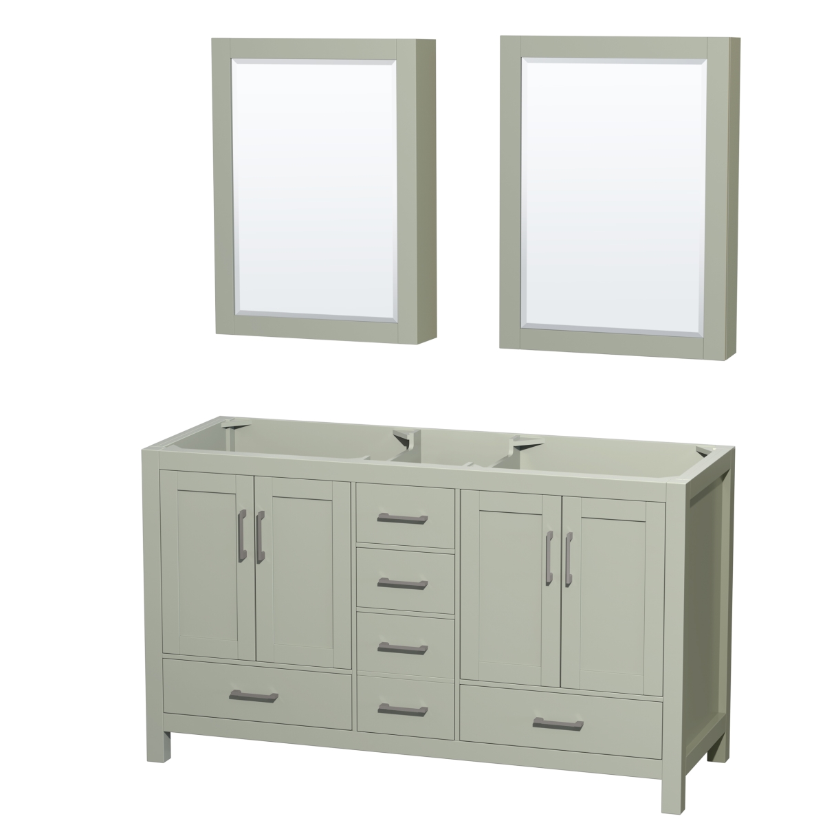 60 in. Sheffield Double Bathroom Vanity, No Countertop, No Sinks, Brushed Nickel Trim & Medicine Cabinets - Light Green -  Wyndham Collection, WCS141460DLGCXSXXMED