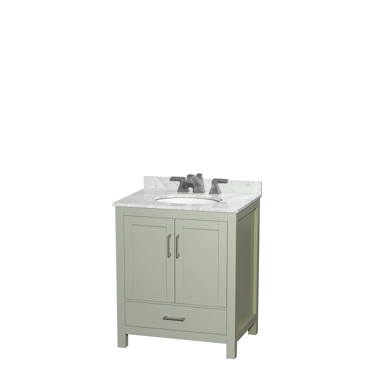 30 in. Sheffield Single Bathroom Vanity with White Carrara Marble Countertop, Undermount Oval Sink & Brushed Nickel Trim - Light Green -  Wyndham Collection, WCS141430SLGCMUNOMXX