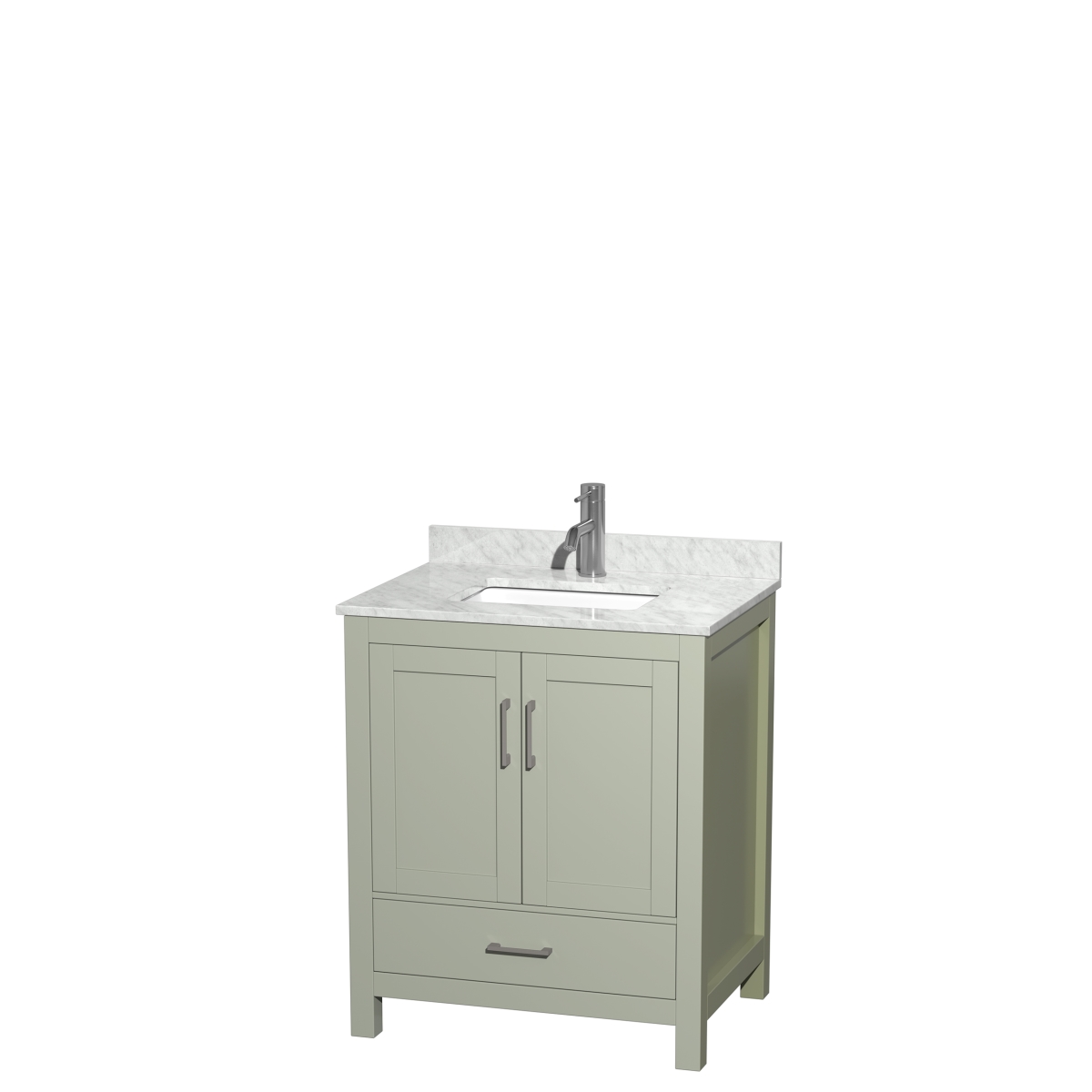 30 in. Sheffield Single Bathroom Vanity with White Carrara Marble Countertop, Undermount Square Sink & Brushed Nickel Trim - Light Green -  Wyndham Collection, WCS141430SLGCMUNSMXX