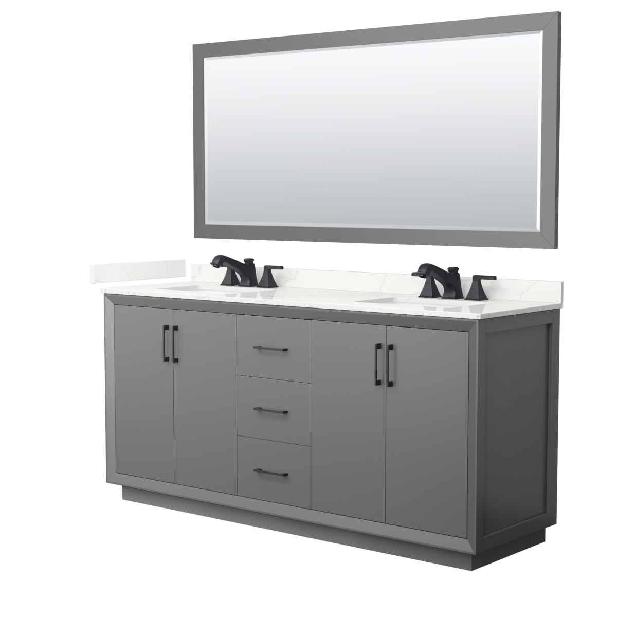 72 in. Double Bathroom Vanity in Dark Gray with Giotto Quartz Countertop Undermount Square Sink 3-Hole & Matte Black Trim - 70 in. Mirror -  Wyndham Collection, WCF414172DGBGTUS3M70