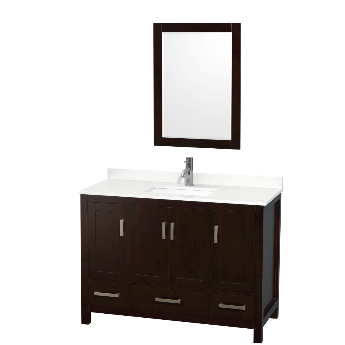 48 in. Sheffield White Quartz Countertop 1-Hole Undermount Square Sink Single Bathroom Vanity with Brushed Chrome Trim & 24 in. Mirror, Espresso -  Wyndham Collection, WCS141448SESWQUNSM24