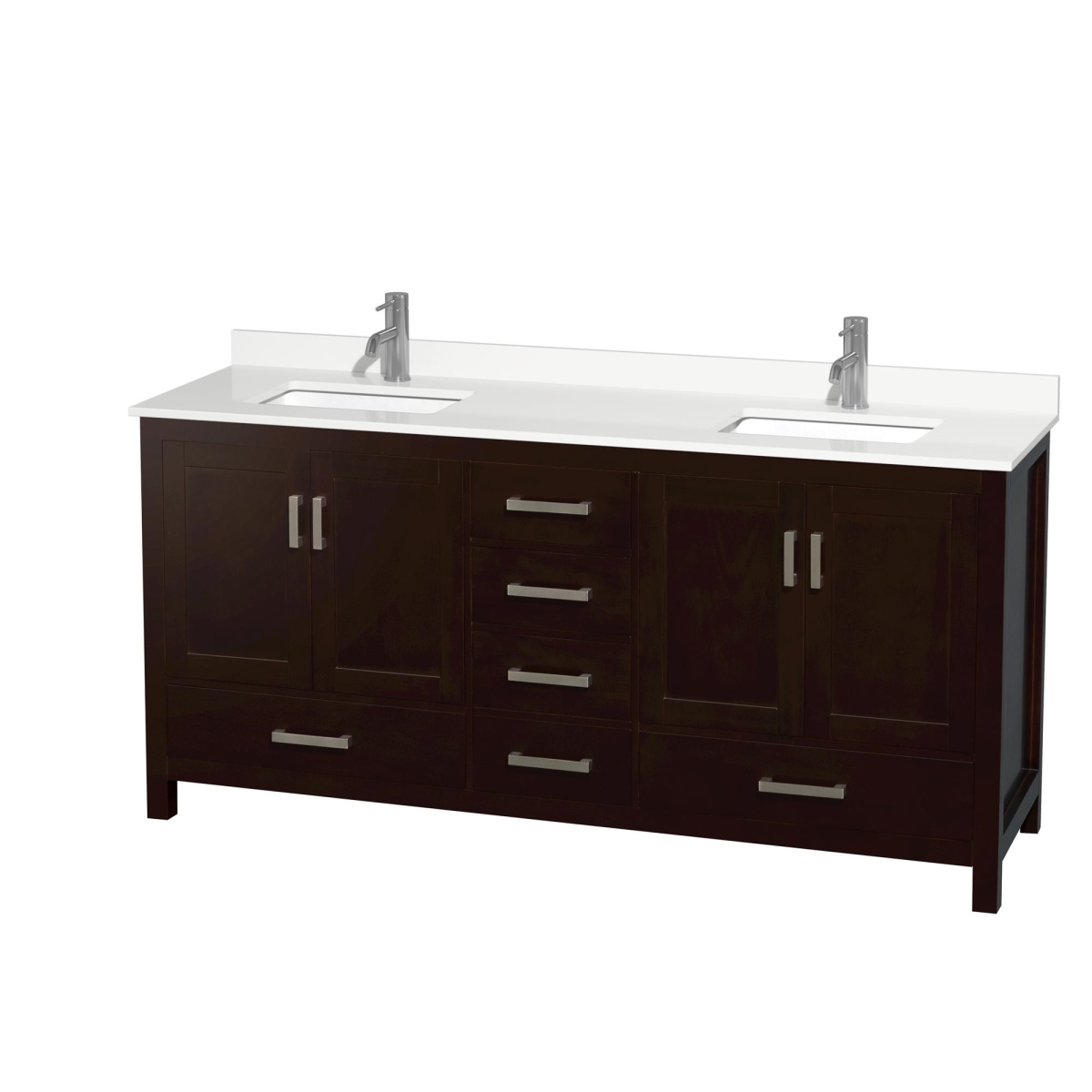 72 in. Sheffield White Quartz Countertop 1-Hole Undermount Square Sinks Double Bathroom Vanity with Brushed Chrome Trim, Espresso -  Wyndham Collection, WCS141472DESWQUNSMXX