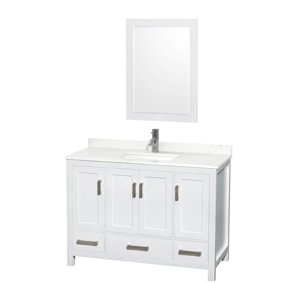 48 in. Sheffield Giotto Quartz Countertop 1-Hole Undermount Square Sink Single Bathroom Vanity with Brushed Chrome Trim & 24 in. Mirror, White -  Wyndham Collection, WCS141448SWHGTUNSM24