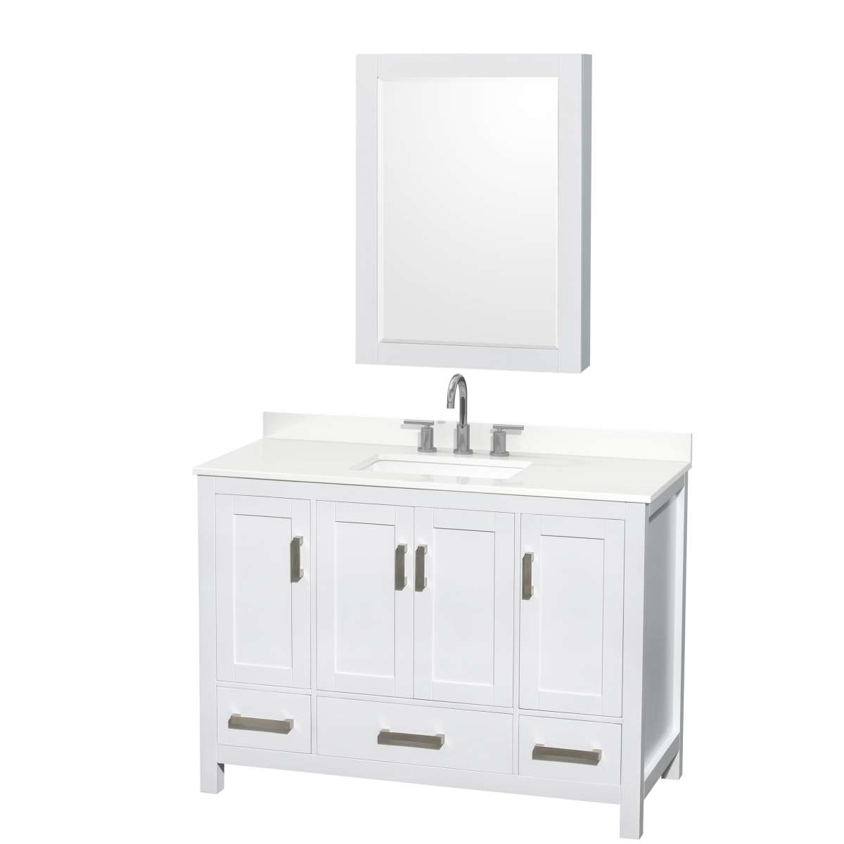 48 in. Sheffield White Quartz Countertop 3-Hole Undermount Square Sink Single Bathroom Vanity with Brushed Chrome Trim & Medicine Cabinet, White -  Wyndham Collection, WCS141448SWHWQUS3MED