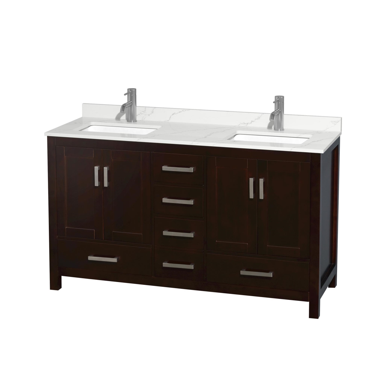 60 in. Sheffield Giotto Quartz Countertop 1-Hole Undermount Square Sinks Double Bathroom Vanity with Brushed Chrome Trim, Espresso -  Wyndham Collection, WCS141460DESGTUNSMXX