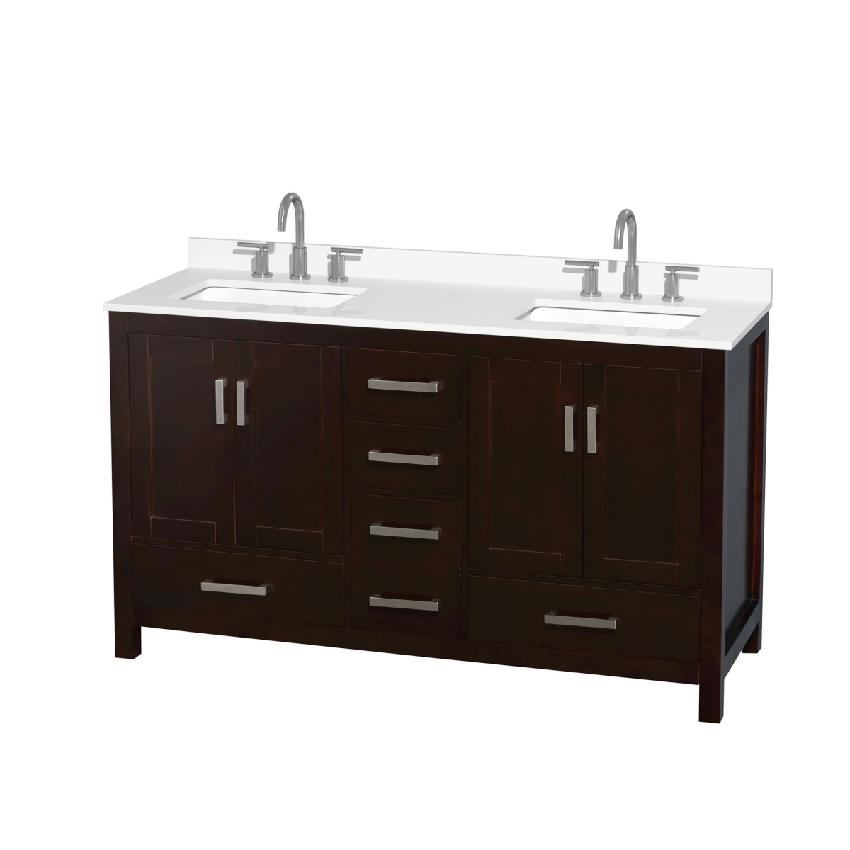 60 in. Sheffield White Quartz Countertop 3-Hole Undermount Square Sinks Double Bathroom Vanity with Brushed Chrome Trim, Espresso -  Wyndham Collection, WCS141460DESWQUS3MXX