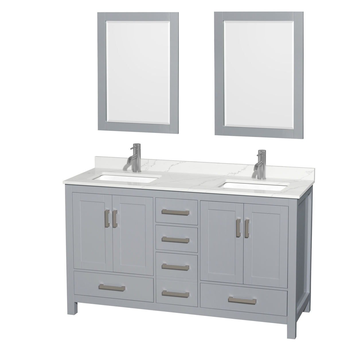 60 in. Sheffield Giotto Quartz Countertop 1-Hole Undermount Square Sinks Double Bathroom Vanity with Brushed Chrome Trim & 24 in. Mirrors, Gray -  Wyndham Collection, WCS141460DGYGTUNSM24