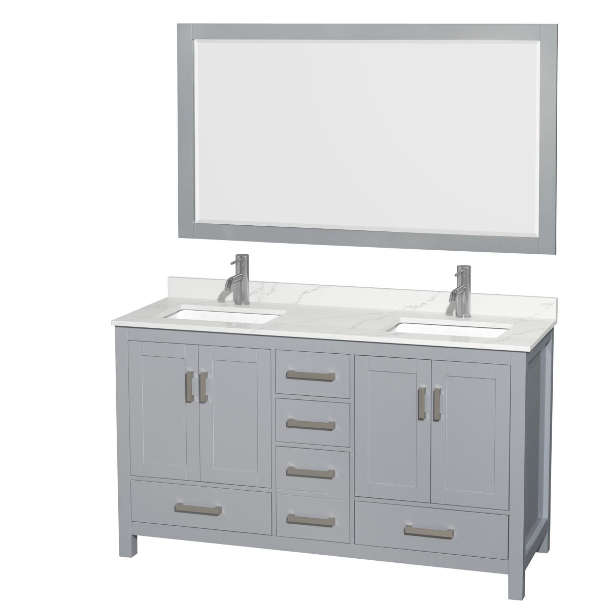 60 in. Sheffield Giotto Quartz Countertop 1-Hole Undermount Square Sinks Double Bathroom Vanity with Brushed Chrome Trim & 58 in. Mirror, Gray -  Wyndham Collection, WCS141460DGYGTUNSM58