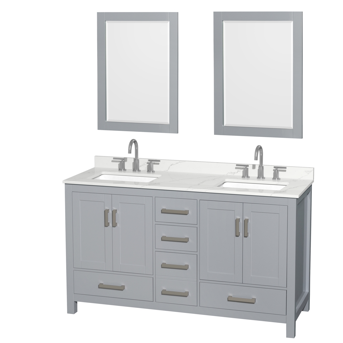 60 in. Sheffield Giotto Quartz Countertop 3-Hole Undermount Square Sinks Double Bathroom Vanity with Brushed Chrome Trim & 24 in. Mirrors, Gray -  Wyndham Collection, WCS141460DGYGTUS3M24