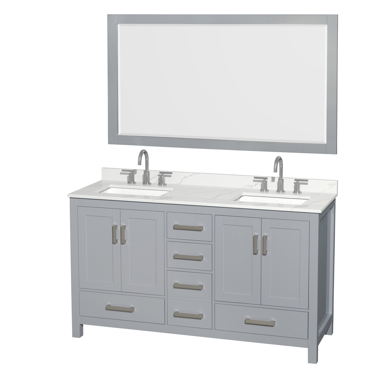 60 in. Sheffield Giotto Quartz Countertop 3-Hole Undermount Square Sinks Double Bathroom Vanity with Brushed Chrome Trim & 58 in. Mirror, Gray -  Wyndham Collection, WCS141460DGYGTUS3M58