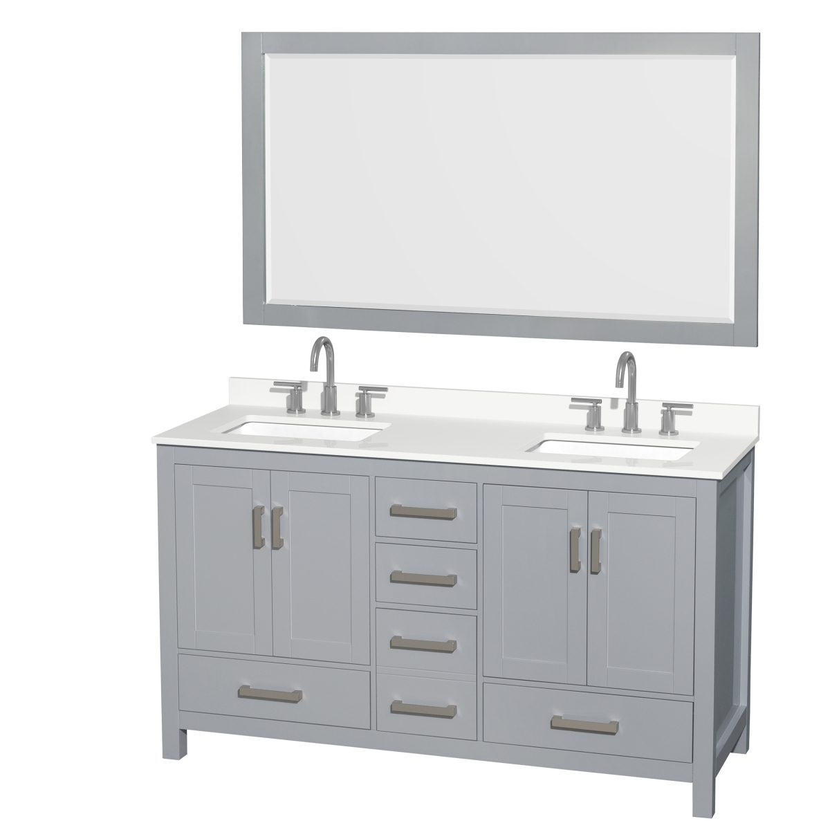 60 in. Sheffield White Quartz Countertop 3-Hole Undermount Square Sinks Double Bathroom Vanity with Brushed Chrome Trim & 58 in. Mirror, Gray -  Wyndham Collection, WCS141460DGYWQUS3M58