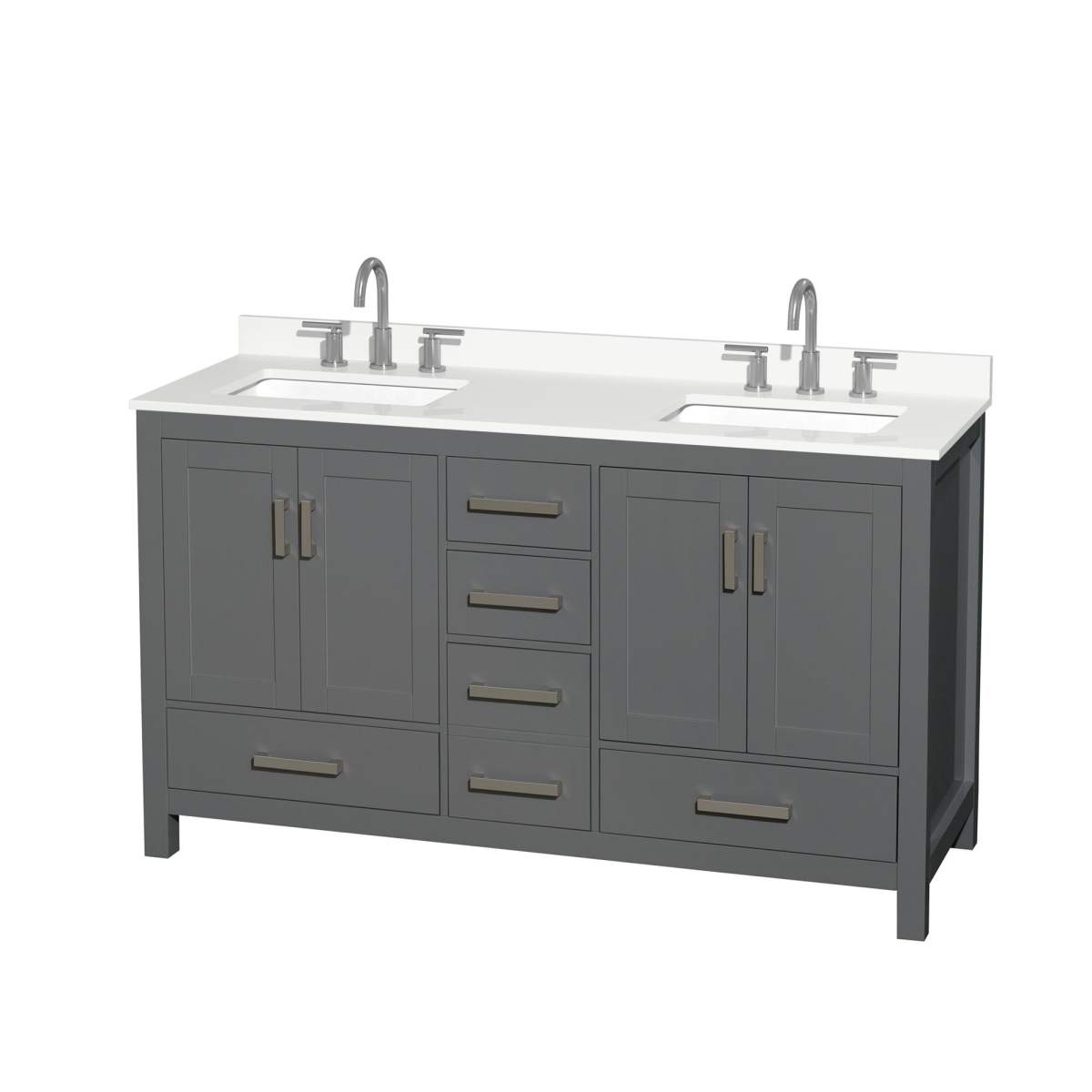 60 in. Sheffield White Quartz Countertop 3-Hole Undermount Square Sinks Double Bathroom Vanity with Brushed Chrome Trim, Dark Gray -  Wyndham Collection, WCS141460DKGWQUS3MXX