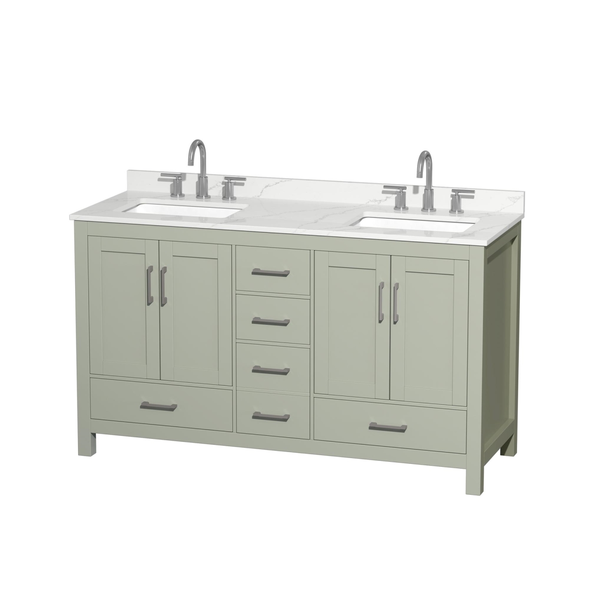 60 in. Sheffield Giotto Quartz Countertop 3-Hole Undermount Square Sinks Double Bathroom Vanity with Brushed Nickel Trim, Light Green -  Wyndham Collection, WCS141460DLGGTUS3MXX