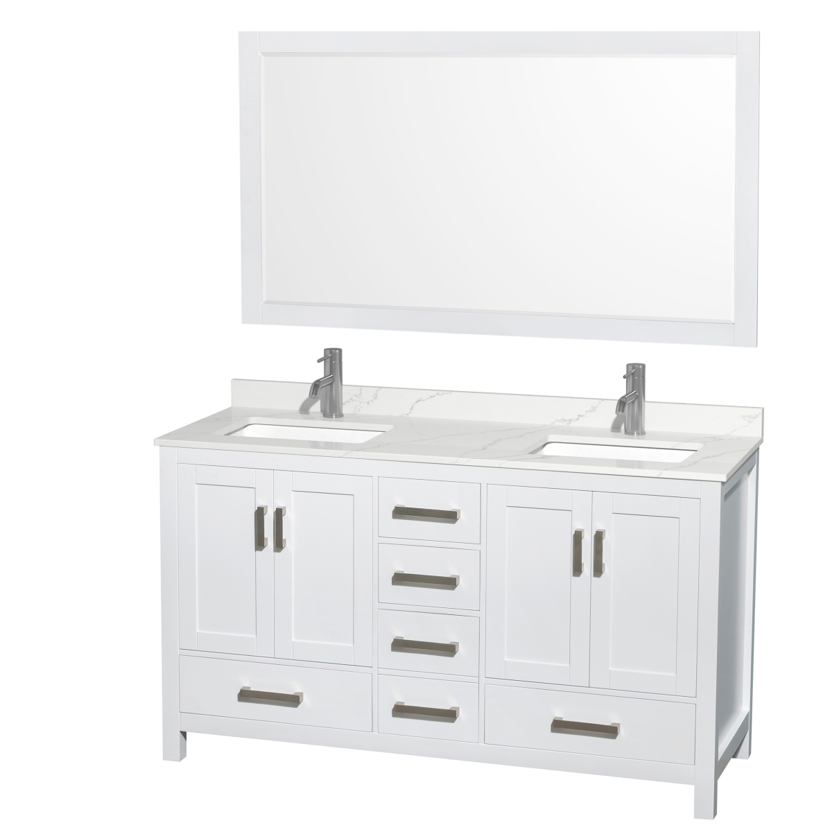 60 in. Sheffield Giotto Quartz Countertop 1-Hole Undermount Square Sinks Double Bathroom Vanity with Brushed Chrome Trim & 58 in. Mirror, White -  Wyndham Collection, WCS141460DWHGTUNSM58