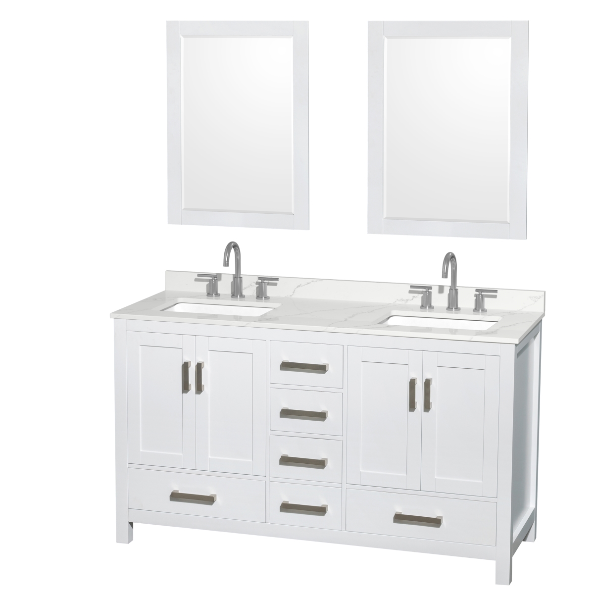 60 in. Sheffield Giotto Quartz Countertop 3-Hole Undermount Square Sinks Double Bathroom Vanity with Brushed Chrome Trim & 24 in. Mirrors, White -  Wyndham Collection, WCS141460DWHGTUS3M24