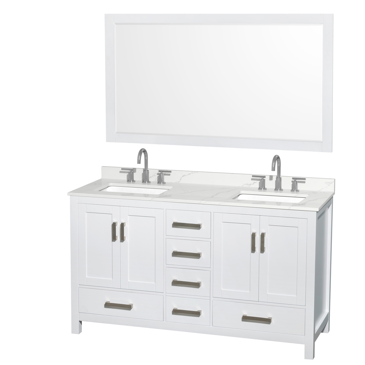 60 in. Sheffield Giotto Quartz Countertop 3-Hole Undermount Square Sinks Double Bathroom Vanity with Brushed Chrome Trim & 58 in. Mirror, White -  Wyndham Collection, WCS141460DWHGTUS3M58