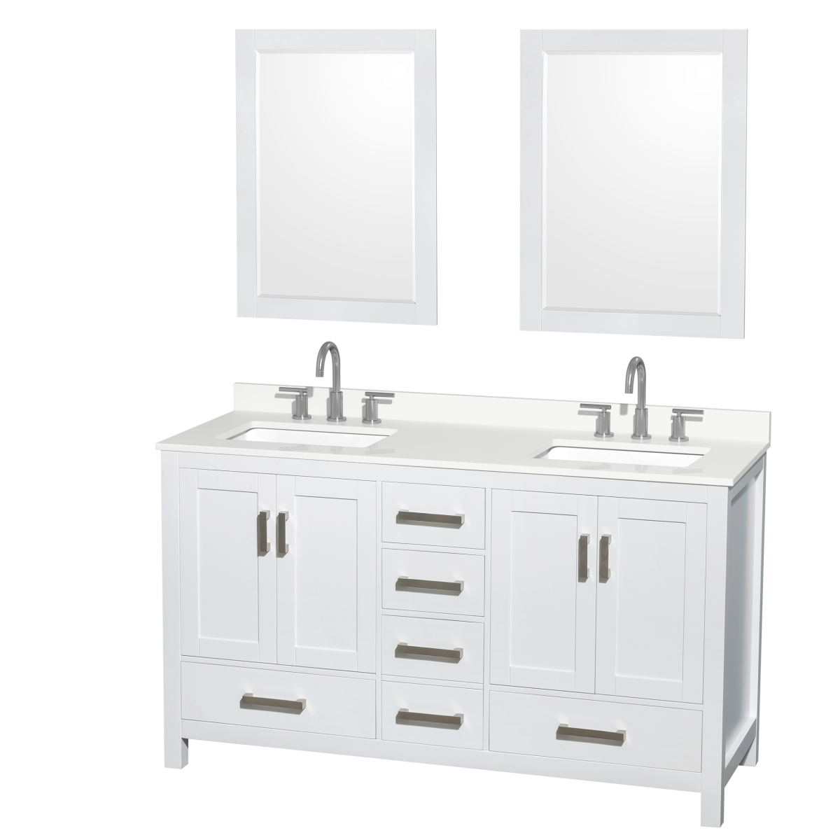 60 in. Sheffield White Quartz Countertop 3-Hole Undermount Square Sinks Double Bathroom Vanity with Brushed Chrome Trim & 24 in. Mirrors, White -  Wyndham Collection, WCS141460DWHWQUS3M24