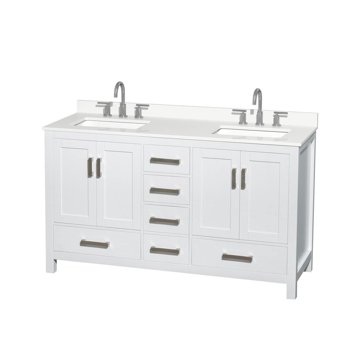 60 in. Sheffield White Quartz Countertop 3-Hole Undermount Square Sinks Double Bathroom Vanity with Brushed Chrome Trim, White -  Wyndham Collection, WCS141460DWHWQUS3MXX