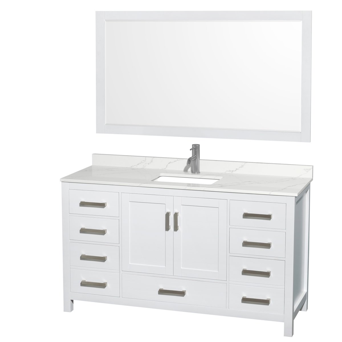 60 in. Sheffield Giotto Quartz Countertop 1-Hole Undermount Square Sink Single Bathroom Vanity with Brushed Chrome Trim & 58 in. Mirror, White -  Wyndham Collection, WCS141460SWHGTUNSM58