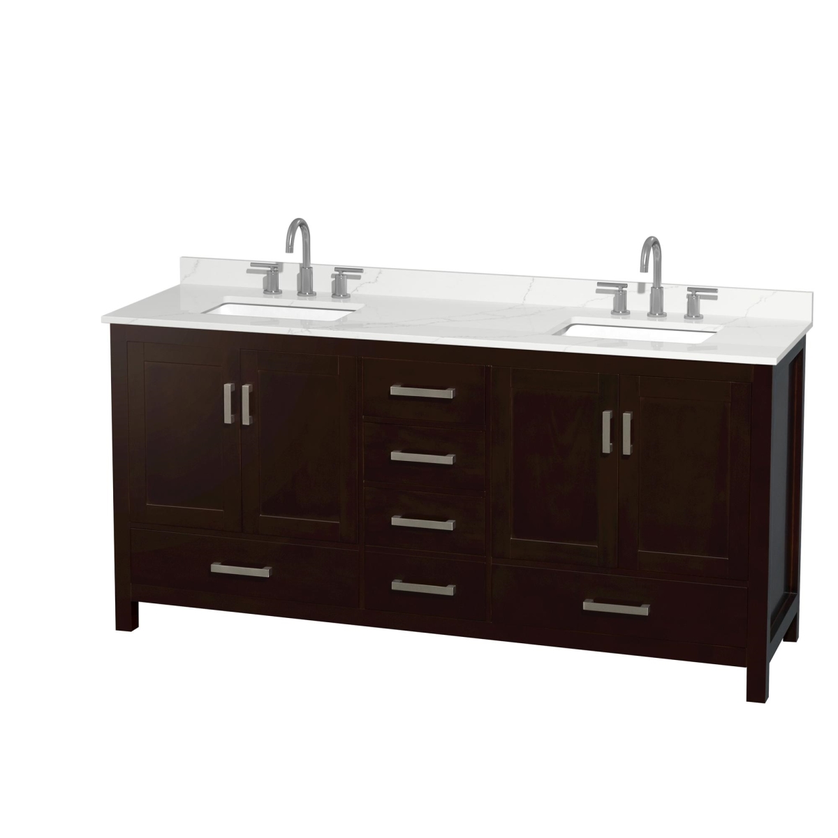 72 in. Sheffield Giotto Quartz Countertop 3-Hole Undermount Square Sinks Double Bathroom Vanity with Brushed Chrome Trim, Espresso -  Wyndham Collection, WCS141472DESGTUS3MXX