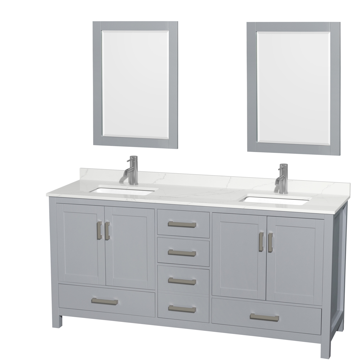 72 in. Sheffield Giotto Quartz Countertop 1-Hole Undermount Square Sinks Double Bathroom Vanity with Brushed Chrome Trim & 24 in. Mirrors, Gray -  Wyndham Collection, WCS141472DGYGTUNSM24