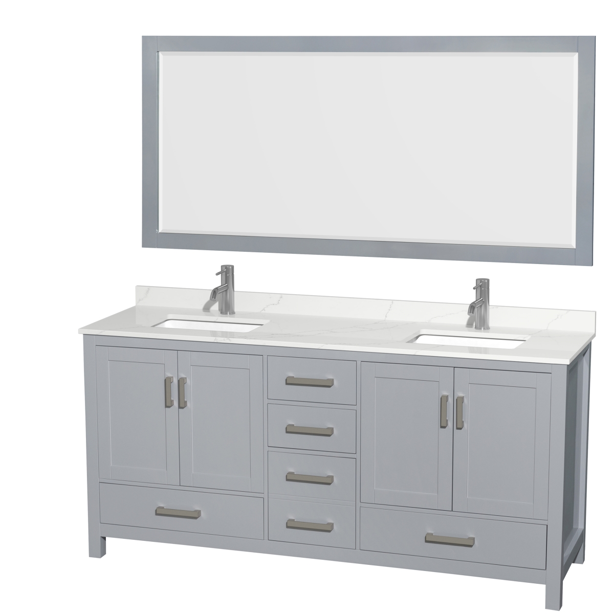 72 in. Sheffield Giotto Quartz Countertop 1-Hole Undermount Square Sinks Double Bathroom Vanity with Brushed Chrome Trim & 70 in. Mirror, Gray -  Wyndham Collection, WCS141472DGYGTUNSM70