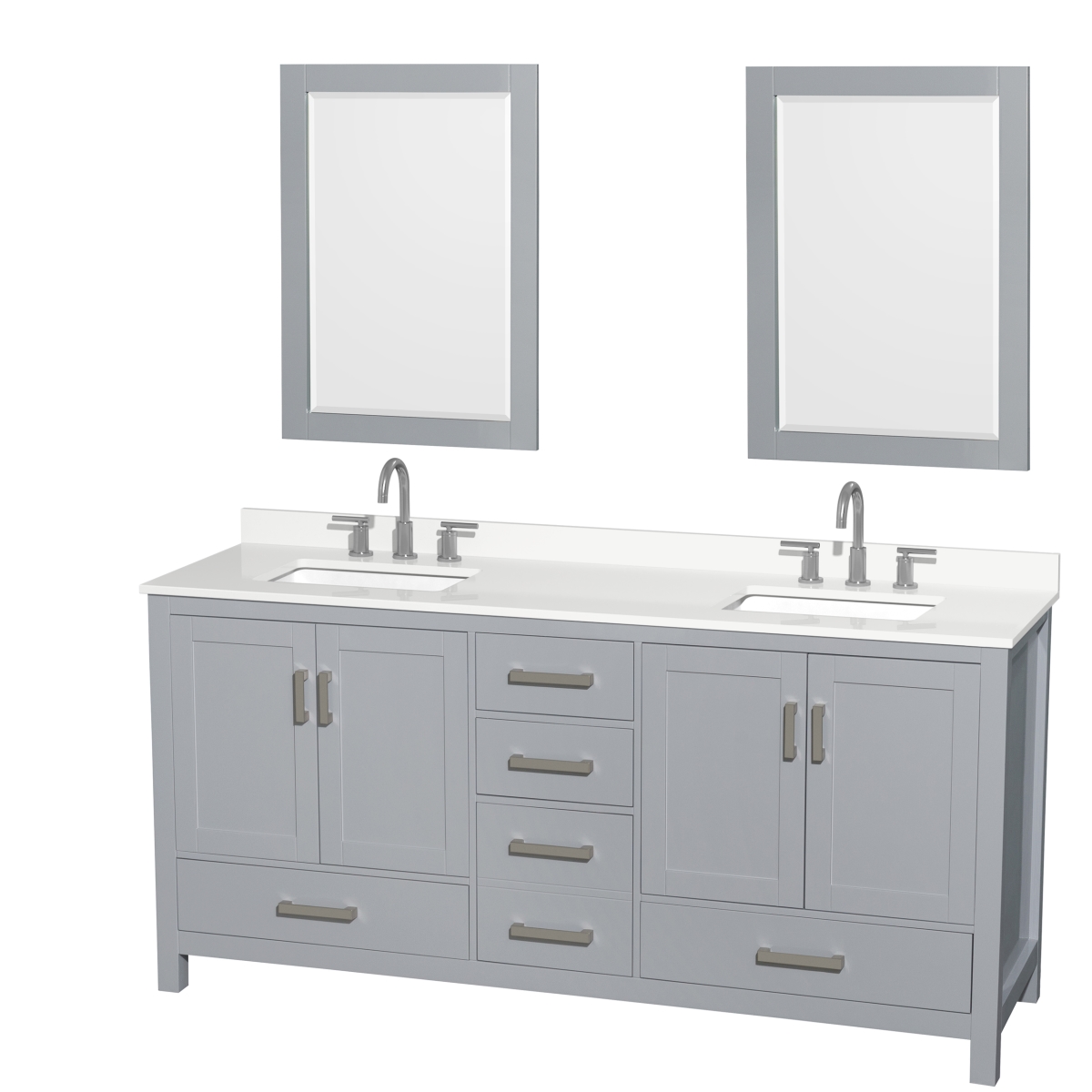 72 in. Sheffield White Quartz Countertop 3-Hole Undermount Square Sinks Double Bathroom Vanity with Brushed Chrome Trim & 24 in. Mirrors, Gray -  Wyndham Collection, WCS141472DGYWQUS3M24