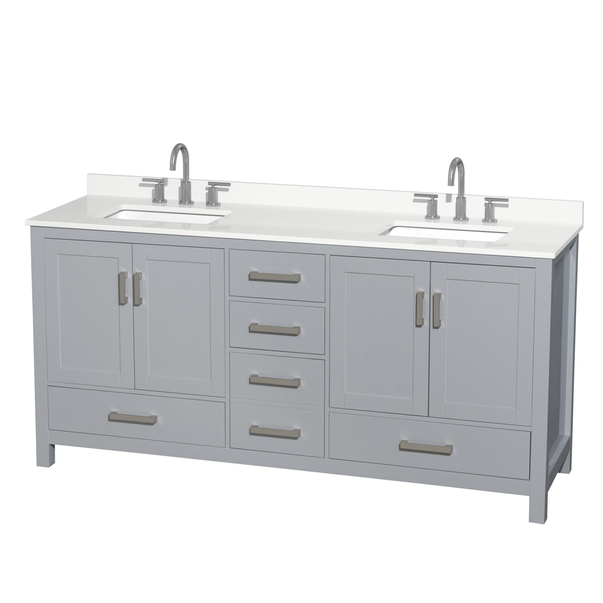 72 in. Sheffield White Quartz Countertop 3-Hole Undermount Square Sinks Double Bathroom Vanity with Brushed Chrome Trim, Gray -  Wyndham Collection, WCS141472DGYWQUS3MXX