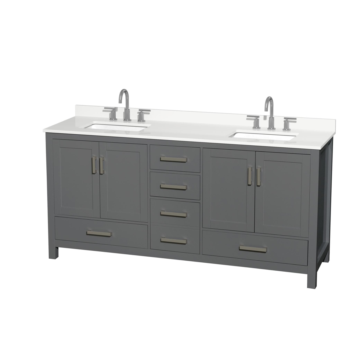 72 in. Sheffield White Quartz Countertop 3-Hole Undermount Square Sinks Double Bathroom Vanity with Brushed Chrome Trim, Dark Gray -  Wyndham Collection, WCS141472DKGWQUS3MXX