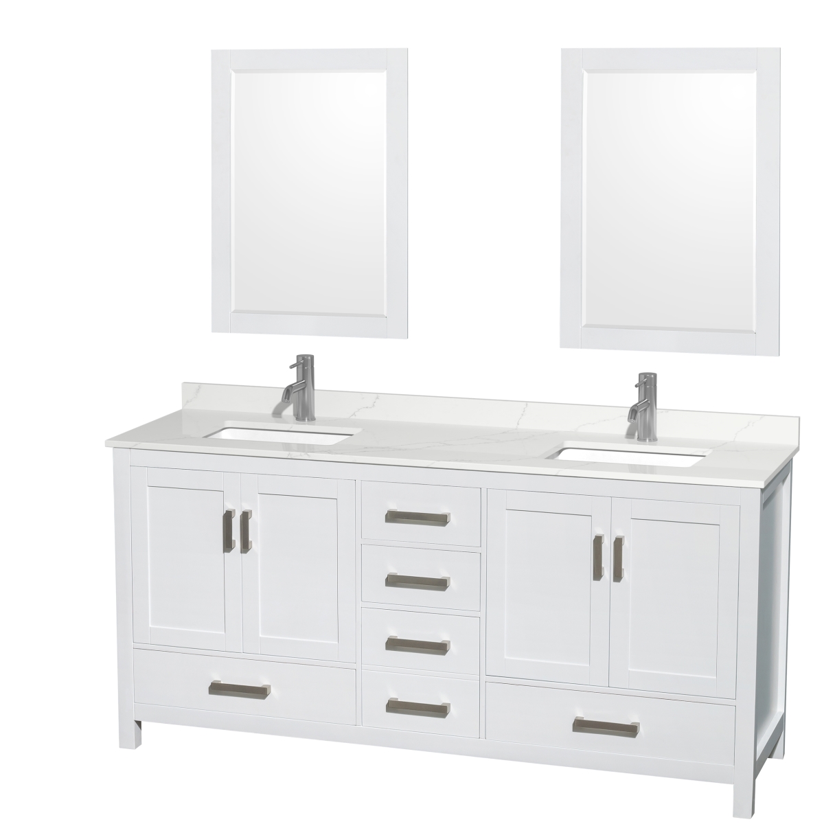 72 in. Sheffield Giotto Quartz Countertop 1-Hole Undermount Square Sinks Double Bathroom Vanity with Brushed Chrome Trim & 24 in. Mirrors, White -  Wyndham Collection, WCS141472DWHGTUNSM24