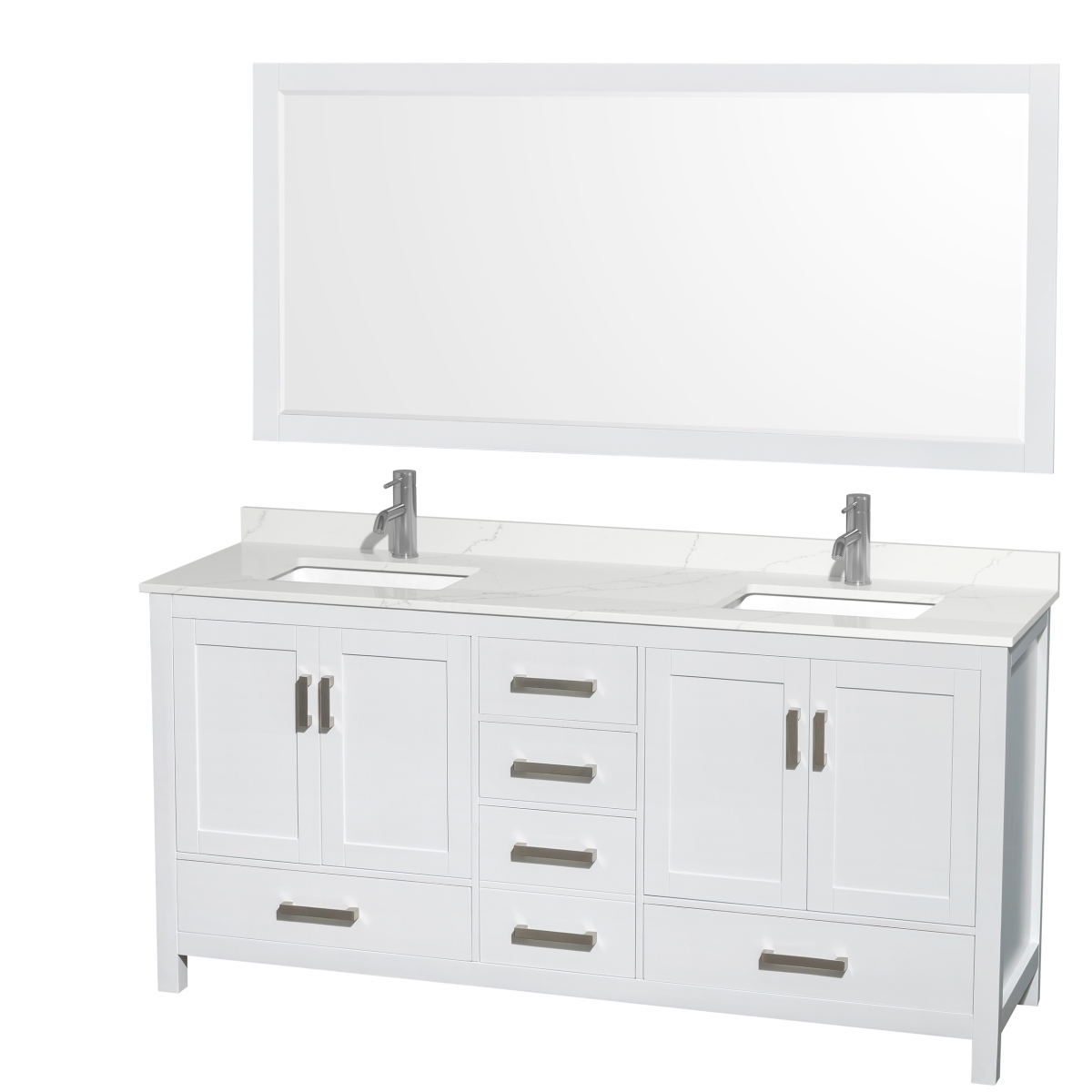 72 in. Sheffield Giotto Quartz Countertop 1-Hole Undermount Square Sinks Double Bathroom Vanity with Brushed Chrome Trim & 70 in. Mirror, White -  Wyndham Collection, WCS141472DWHGTUNSM70