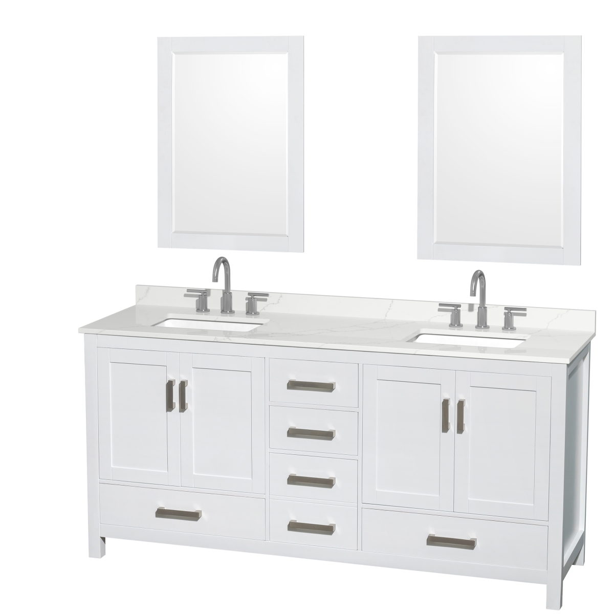 72 in. Sheffield Giotto Quartz Countertop 3-Hole Undermount Square Sinks Double Bathroom Vanity with Brushed Chrome Trim & 24 in. Mirrors, White -  Wyndham Collection, WCS141472DWHGTUS3M24